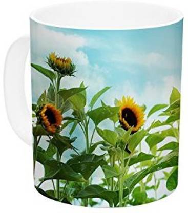 Kess INHOUSE InHouse Sylvia Cook Sunflower Field Blue Green Ceramic Coffee, 11 oz, Multicolor Ceramic Coffee Mug