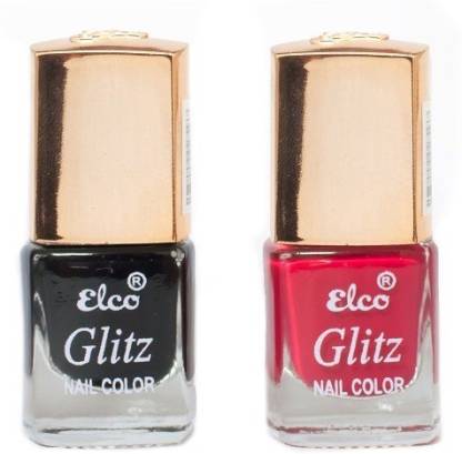 Elco Glitz Premium Nail Enamel-Pack of 2 Midnight Black, Blood Red