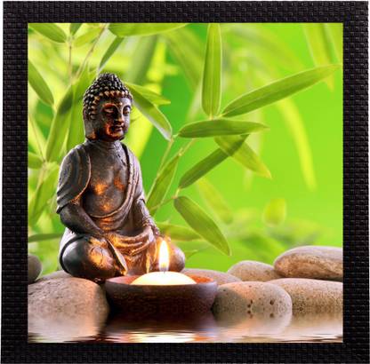 eCraftIndia Lord Buddha With Candle Satin Matt Textured UV Canvas 10 inch x 10 inch Painting