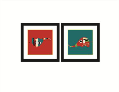 Rkason Desi Hathi Set of 2 Frames Ink 14 inch x 14 inch Painting