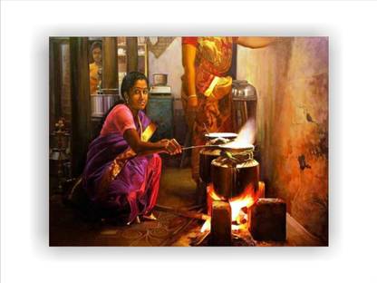 Namo Art Indian Village Women cooking Canvas 18 inch x 24 inch Painting