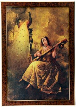 Saral Lady Playing Veena With Two Peacoke Canvas 37 inch x 53 inch Painting