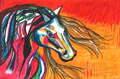 Retcomm Digi Art Multicolored Horse Side Face Orange Red Background Canvas 24 inch x 36 inch Painting