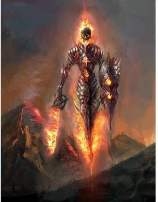 Artzfolio Burning Skeleton Knight Over Volcano Framed Art Print Canvas 26 inch x 20 inch Painting