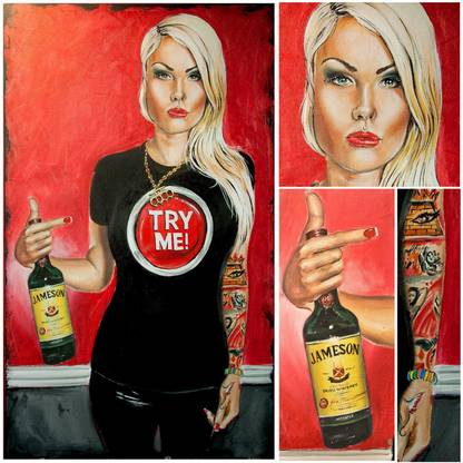 Tallenge - Girl With Jameson Whiskey - Bar Art - Medium Size Unframed Canvas 18 inch x 18 inch Painting