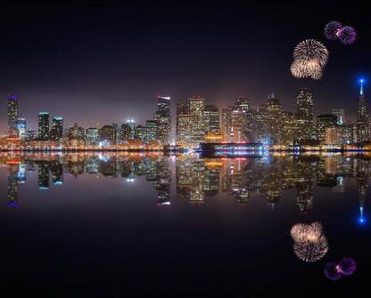 Fireworks Over San Francisco City Skyline On Independence Day, USA Premium Poster Canvas Art
