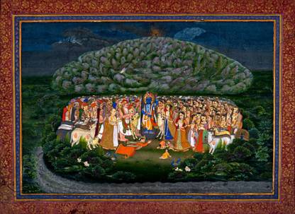 Tallenge - Krishna Lifting Mount Govardhan - Small Size Ready To Frame Rolled Canvas 16 inch x 12 inch Painting