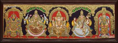 MyAngadi 5 Panel - Venkateswarar, Lakshmi, Ganesha, Saraswathi, Murugan Tanjore Painting Canvas 60 inch x 15 inch Painting