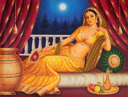 EXOTIC INDIA A Royal Damsel Enjoying Solitude With A Puff Of Hookah Oil 31 inch x 41 inch Painting