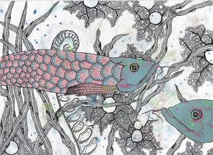 Crude Area Multi Colour Fish In Paradise Print By Mridula Basak (Art Print Large) Digital Reprint 17 inch x 23 inch Painting