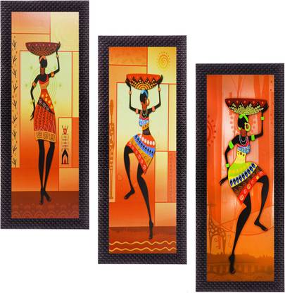 eCraftIndia Set Of 3 Tribal Ladies Satin Matt Textured Canvas 16 inch x 21 inch Painting