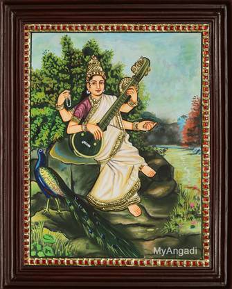 MyAngadi Saraswathi Tanjore Painting Canvas 8 inch x 10 inch Painting