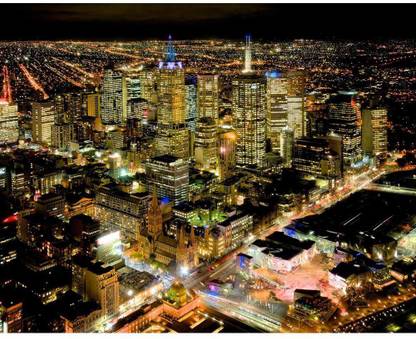 Melbourne At Night Looking Over The Yarra River, Australia Premium Poster Canvas Art