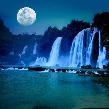 Waterfall Under Moonlight Premium Poster Canvas Art