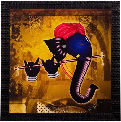 eCraftIndia Lord Ganesha Playing Flute Matt Textured UV Oil 11 inch x 11 inch Painting