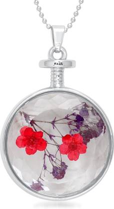URTHN Red & Purple Round Silver Finish Dried Flower Taransparent Glass - 1202423 Alloy Pendant