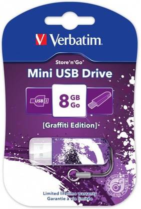 Verbatim Store 'n' Go Mini USB 2.0 8GB Graffiti Violet 8 GB Pen Drive Compatible with Desktop Computer, Television, Audio Player, Laptop USB 2.0 Plastic Case