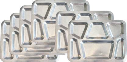 King Traders Steel TULSI - Stainless Steel Six Compartment Rectangular Plate / Thali/ Mess Tray/ Dinner Plate Set of 6 pcs- 40 cm each Dinner Set