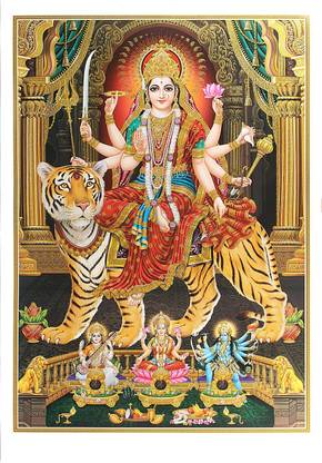 Bm Traders Golden Zari Art Work Photo Of Maa Durga Unframed Rolled Wall Poster (25 X 36 Inches) Fine Art Print