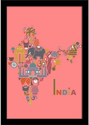 India's Map Framed Art Print Paper Print