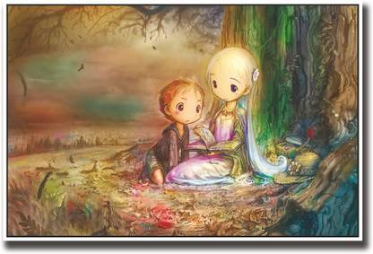 Cartoon boy girl storytelling Fine Art Print