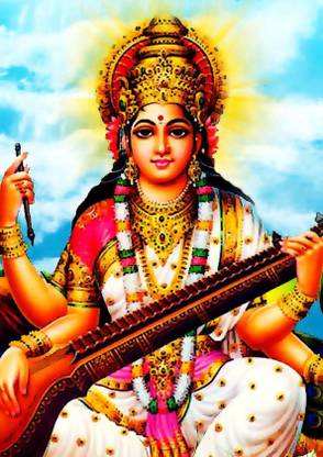 Saraswati Maa - Hindu Goddess A4 NON TEARABLE High Quality Printed Poster - Wall Art Print (Size : 8.2 x 11.6) , For Bedroom , Living Room, Kitchen, Office, Room Paper Print