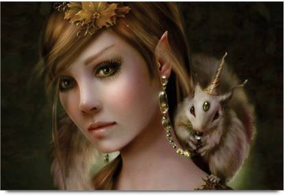 Athah Minimal Art Poster Beautiful D Elf Girl with Fantasy Mouse D Poster Paper Print