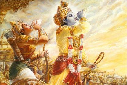 Lord Krishna with Arjun begin Shankhnad Poster Paper Print