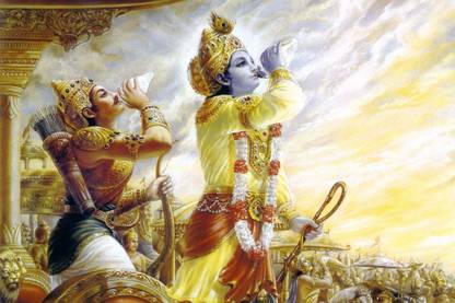Tallenge - Arjun And Krishna Blowing Conch In The Mahabharata - Small Size Ready To Hang Gallery Wrap Canvas 18 inch x 12 inch Painting