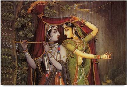 Shri Radhey Krishan Dancing in Rain Paper Print