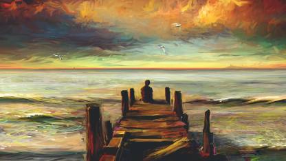 Lonely Boy At Sea Watching Sunset Oil Painting Poster Paper Print