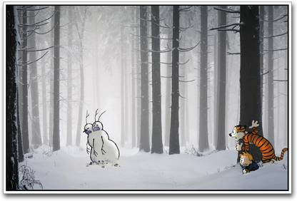 Calvin and Hobbes scared of Snowman Paper Print