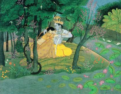 Tallenge - Radha And Krishna In The Grove - Small Size Ready To Frame Rolled Canvas 16 inch x 12 inch Painting