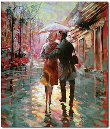 Stybuzz Couple Walking In Rain Painting Frameless Canvas Art