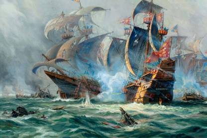 Battle Of Pirate Ships On The Ocean S-P501 By Spoilt Paper Print