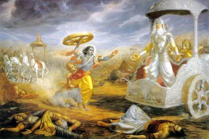 Tallenge - Krishna Confronts Bhisma In Battle - Small Size Ready To Frame Rolled Canvas 18 inch x 12 inch Painting