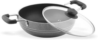 Sumeet 4mm Nonstick with Glass Lid, No. 13 Deep Kadhai 22 cm diameter with Lid 2 L capacity