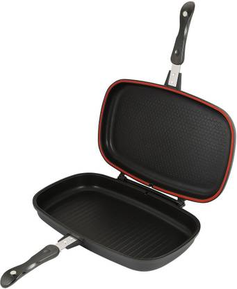 Wonder World ® Dessini Aluminum Two-Sided Double Grill Non-stick Pressure Pan, Black Grill Pan 32 cm diameter with Lid 1 L capacity