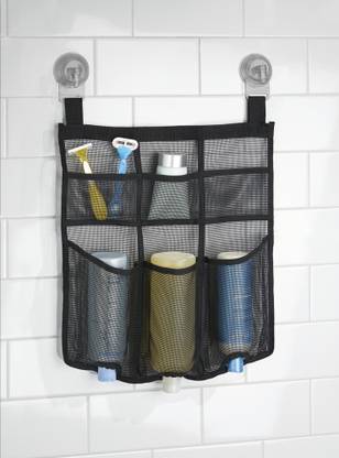 INTERDESIGN Una Power Lock Suction Mesh Hanging Bathroom Shower Caddy for Shampoo, Conditioner, Soap, Razors - Black Plastic Wall Shelf