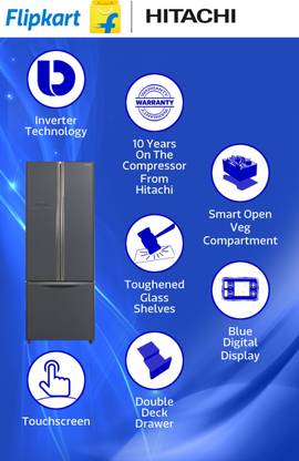 Hitachi 456 L Frost Free French Door Bottom Mount Inverter Technology Star Refrigerator