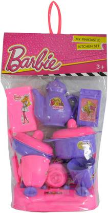 BARBIE Barbie Sr. Chef Kitchen Set-4 Cups; 4 Plates; 1 Cylinder; 1 Gas Stove; 1 Knife; 1 Fork; 1 Kettle; 1 Fry Pan With Lid; 1 Microwave; 1 Refrigerator,1 Serving Container with Lid