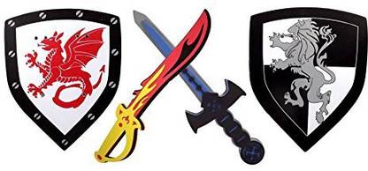 Liberty Imports Sword and Shield 2 Pack Ninja Warrior Weapons Toy Set for Kids + Red Fire Sword Dragon Shield Vs Blue Ice Sword Lion Shield