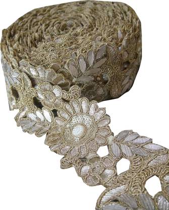 Inhika 9 mtr saree lehenga cutwork lace border trim, gold embroidery pearl stone flower Cotton Blend Saree Falls