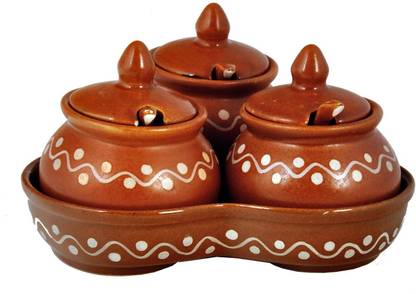CRaFTghar Pickle Jar Set ( Ceramic 3 jars with lids, 3 spoons, 1 tray, Brown ) | Microwave Safe | pickle serving jar set For Dinning Table Tray, Container, Spoon Serving Set