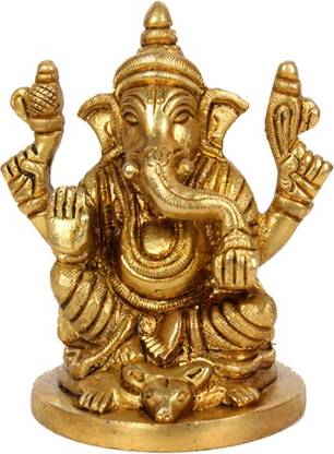 Purpledip Antique Ganesh Round Mouse base Statues Brass Sculpture Decorative Showpiece  -  8 cm