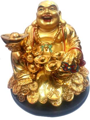 Vastughar VERY BIG SIZE Laughing Buddha sitting on LUCKY COINS for Good Luck & PROSPERITY Decorative Showpiece  -  16 cm
