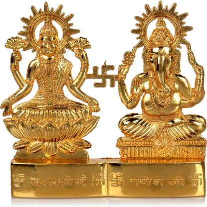 Hashcart Hindu God Laxmi Ganesh Set Statue Idol Murti in Brass (4x4 inch) Decorative Showpiece  -  10.16 cm