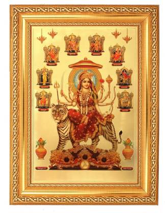 Religious Wall Decor Nav Durga Saraswati Lakshmi Kali Golden Zari Art Work Photo in Golden Frame Big 14 X 18 Inches 