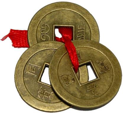 7 Ocean Feng Shui Chinese Lucky 3 Coins tied in Red Ribbon - 1 set Decorative Showpiece  -  2 cm