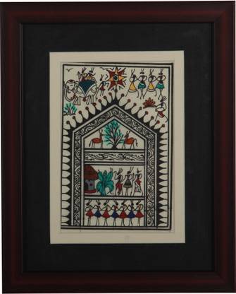 ADAA Warli Painting House shaped arch with three scenes 27 cm x 22 cm Painting